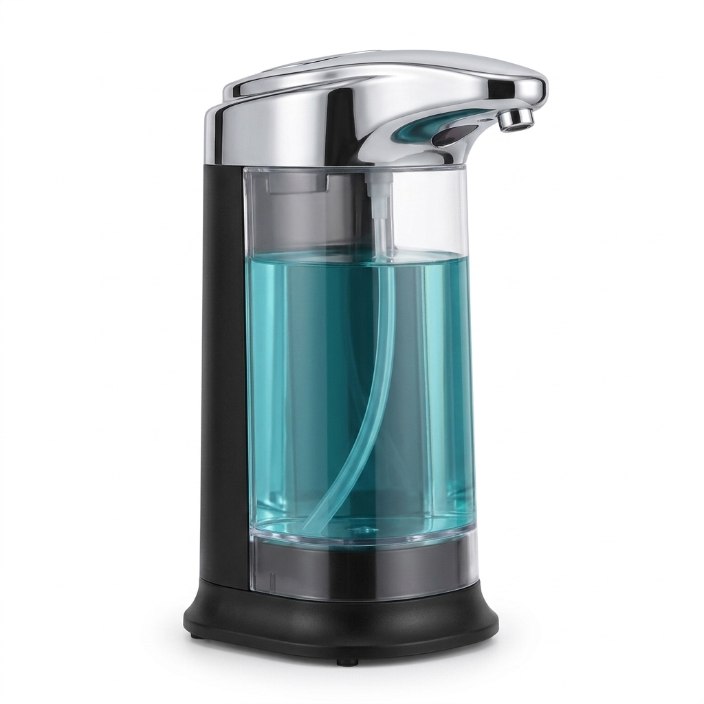 Automatic soap dispenser placed on kitchen counter showing touchless operation near sink area