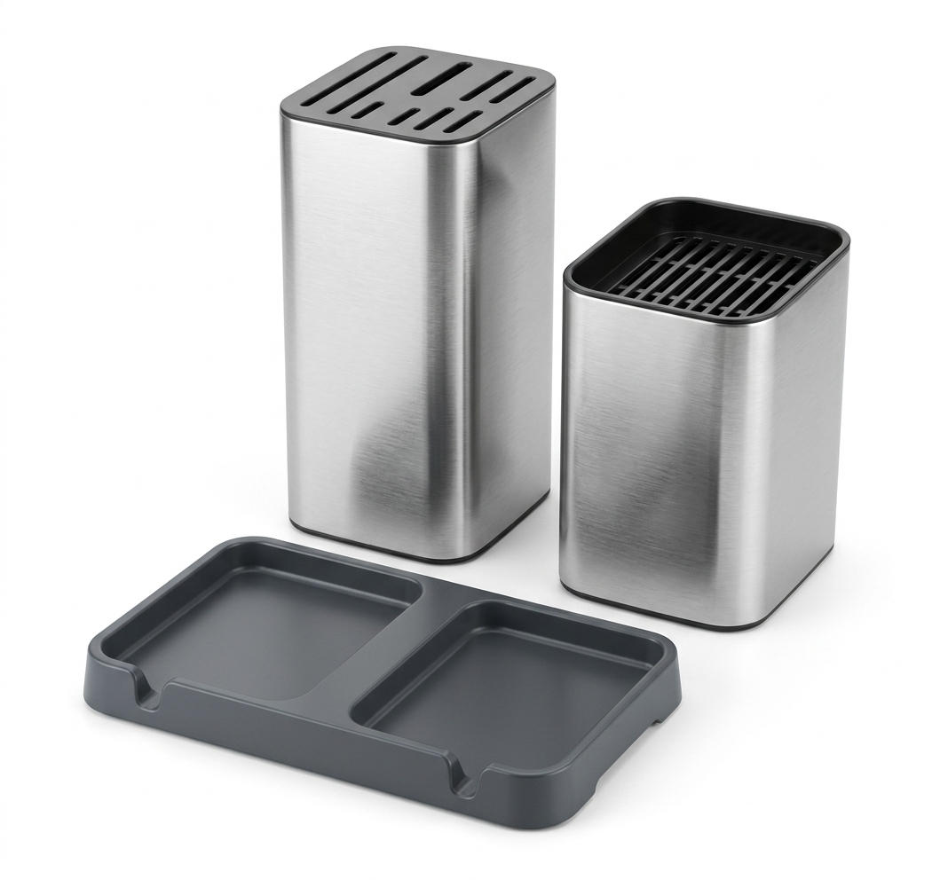 Drainable knife holder with added storage barrel for organizing kitchen tools and utensils