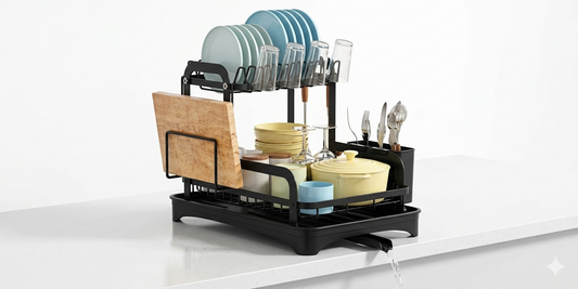 2 tier dish drying rack placed on kitchen counter organizing plates bowls and utensils neatly