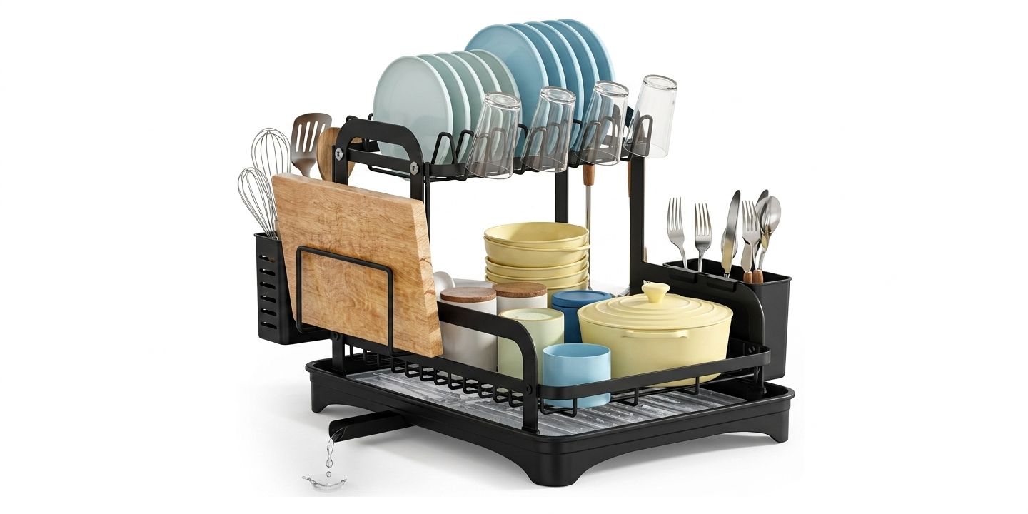 Dish drying rack utensil holder section storing forks spoons and knives in organized way