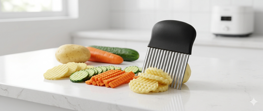 Crinkle cutter knife with wavy stainless steel blade displayed on kitchen surface for vegetable slicing