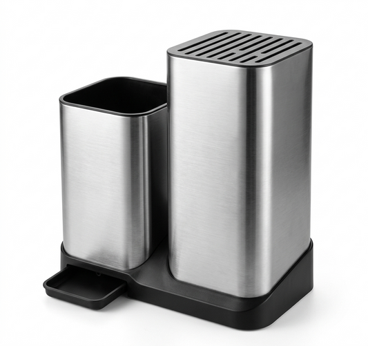 Drainable knife holder in stainless steel placed on kitchen counter showing organized knife storage slots