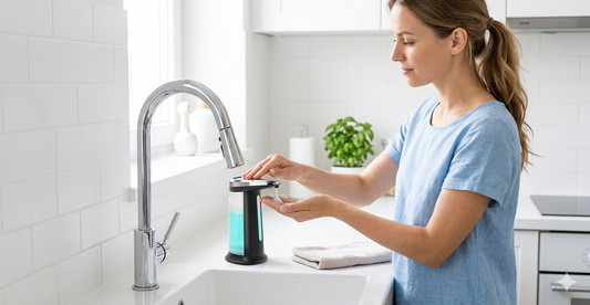 Woman washing hands with soap at a kitchen sink